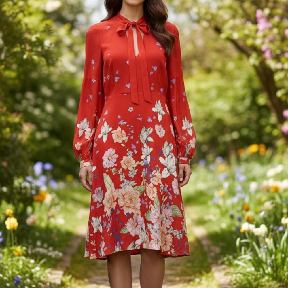 ANTHROPOLOGIE Moulinette Soeurs Lilly Silk Tie-Neck Midi Dress Size 8